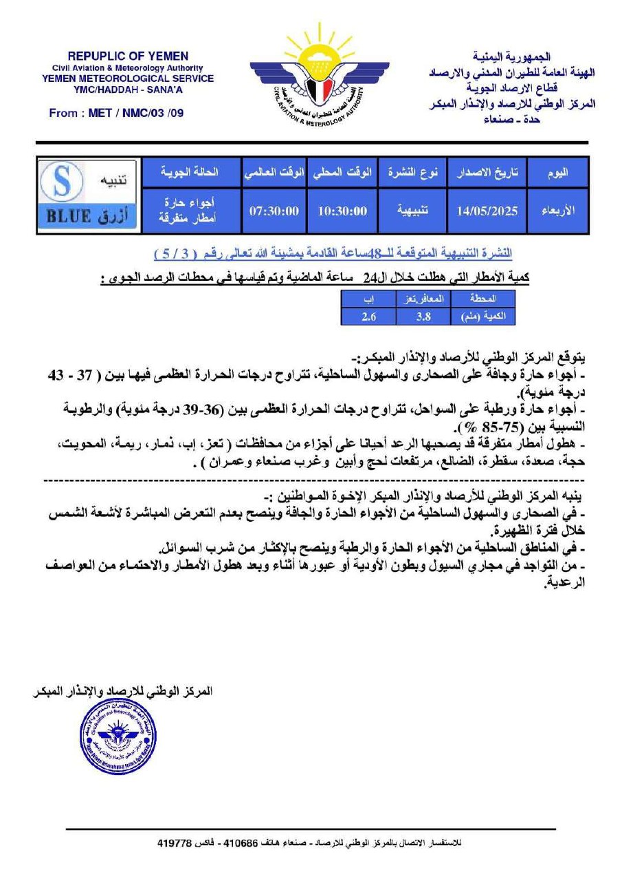 الأرصاد تحذر من أجواء حارة وأمطار رعدية على عدة محافظات