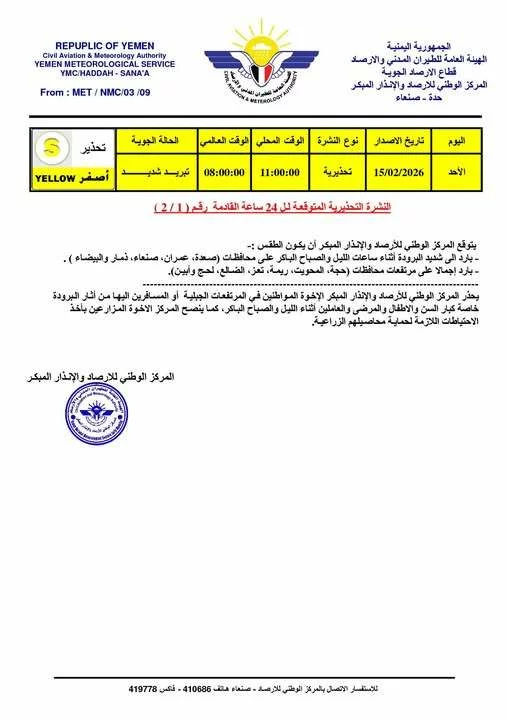 الأرصاد تحذر اليمنيين: موجة برد شديدة تضرب البلاد الليلة 1