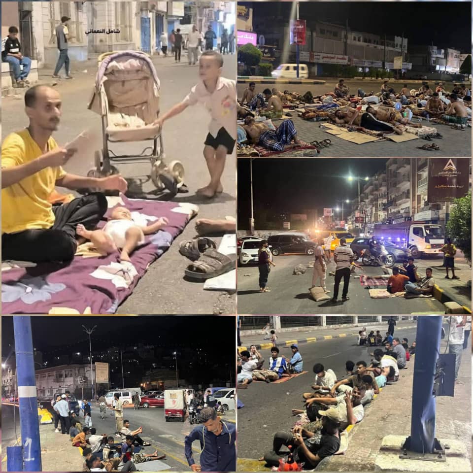 حرارة خانقة وانقطاع للكهرباء يشعلان الغضب في عدن.. مواطنون يفترشون الشوارع هرباً من جحيم المنازل
