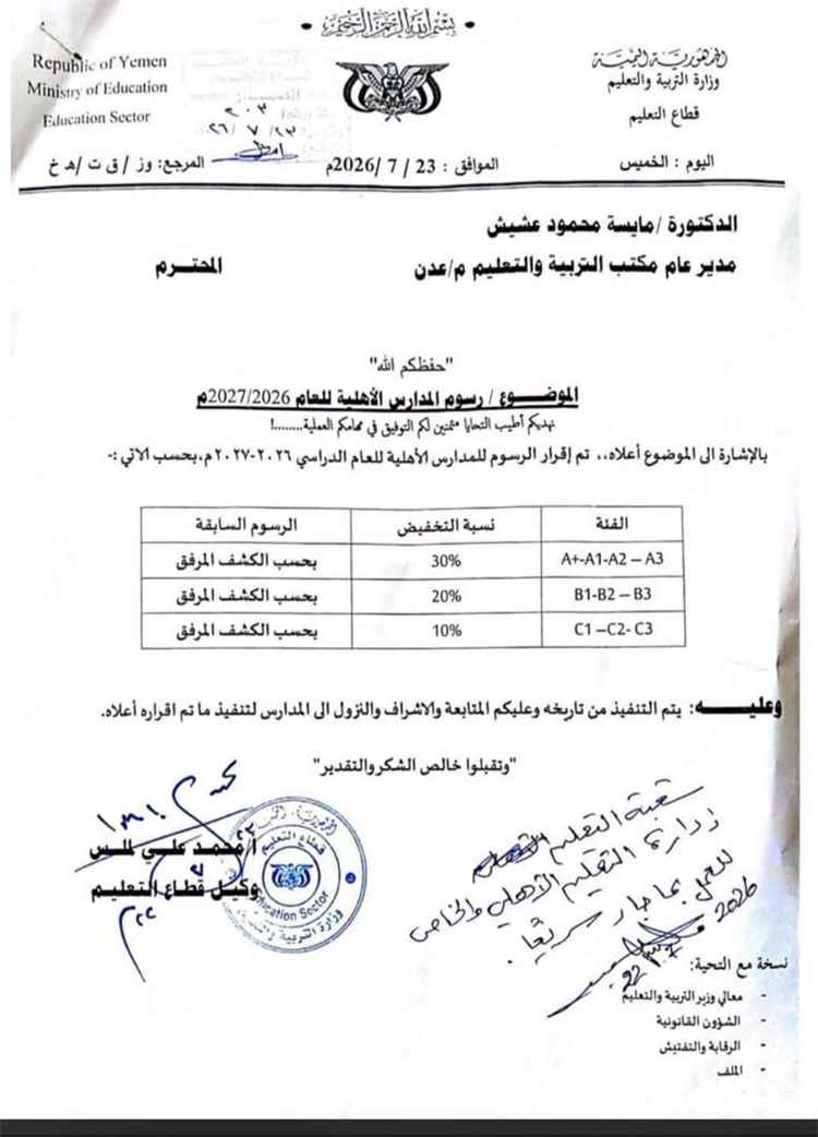 وزارة التربية تُخفض رسوم المدارس الأهلية في عدن حتى 30%.. بشرى لأولياء الأمور 1